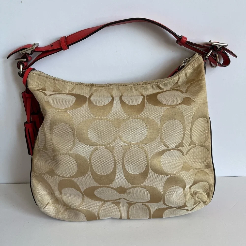 COACH Legacy Signature Courtney Hobo Bag Khaki Coral Large